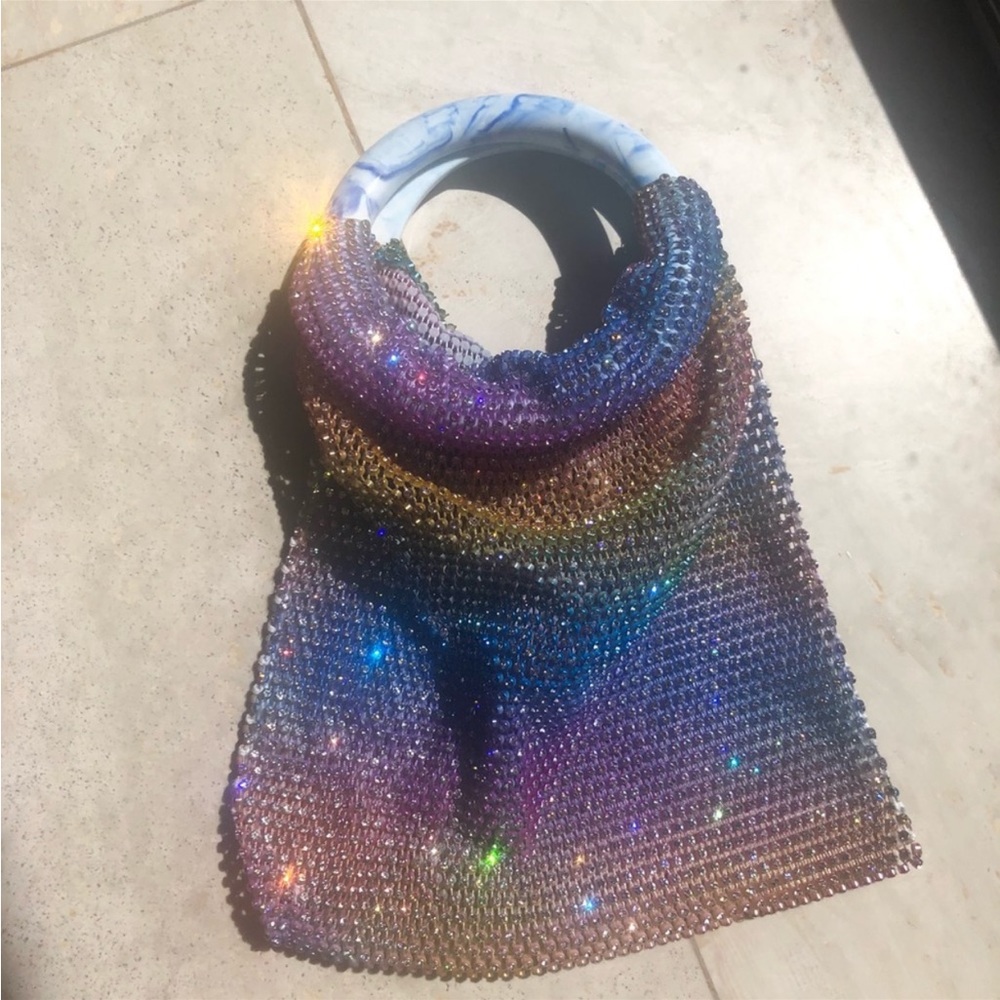 Multicolored Crystal Wrist Bag w Marble Handle NEW